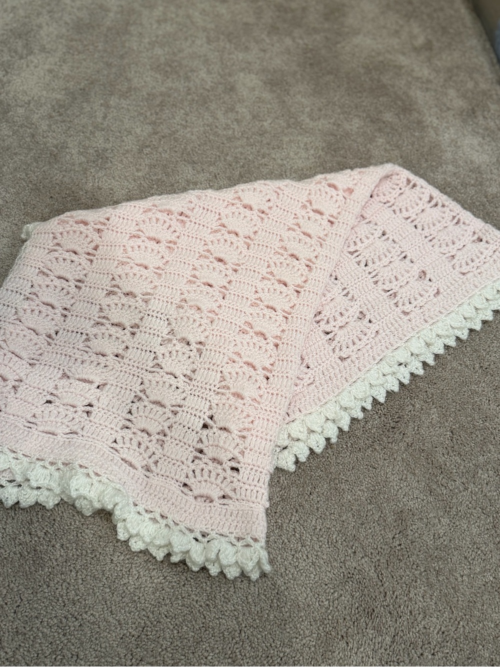 Handmade Pink Crochet Baby Blanket with Cream Ruffle Edge
